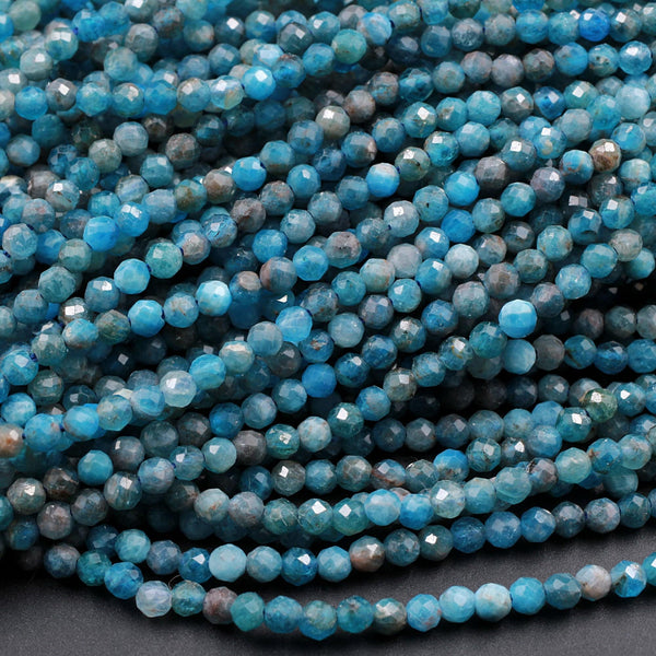 Micro Faceted Tiny Small Natural Blue Apatite 3mm Faceted Round Beads Laser Diamond Cut Gemstone 16" Strand