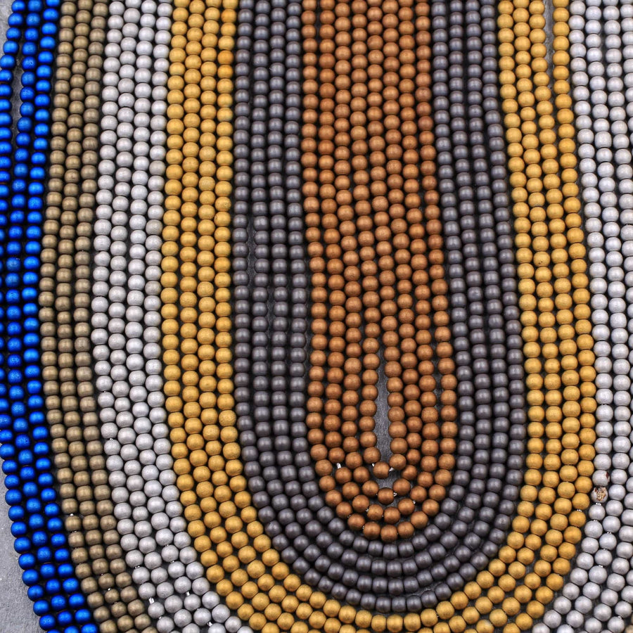 Matte Hematite 2mm 3mm 4mm Smooth Round Beads Plain Smooth Titanium Silver Gold Blue Bronze Gunmetal Rhodium Champagne Beads 16" Strand