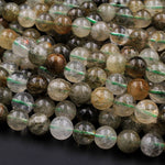 Rare Green Tourmaline Rutilated Quartz 6mm 8mm 10mm 12mm Round Beads Real Genuine Natural Tourmaline Rutile in Quartz Gemstone 16" Strand