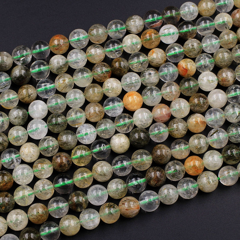Rare Green Tourmaline Rutilated Quartz 6mm 8mm 10mm 12mm Round Beads Real Genuine Natural Tourmaline Rutile in Quartz Gemstone 16" Strand