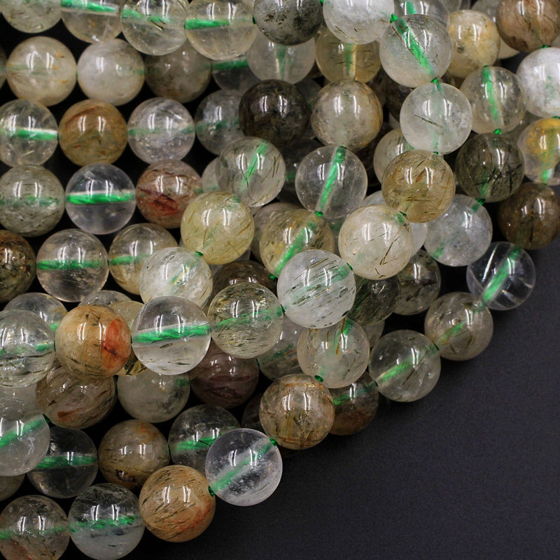 Rare Green Tourmaline Rutilated Quartz 6mm 8mm 10mm 12mm Round Beads Real Genuine Natural Tourmaline Rutile in Quartz Gemstone 16" Strand