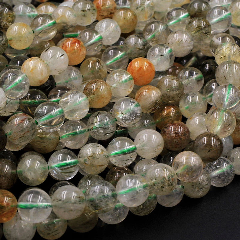 Rare Green Tourmaline Rutilated Quartz 6mm 8mm 10mm 12mm Round Beads Real Genuine Natural Tourmaline Rutile in Quartz Gemstone 16" Strand