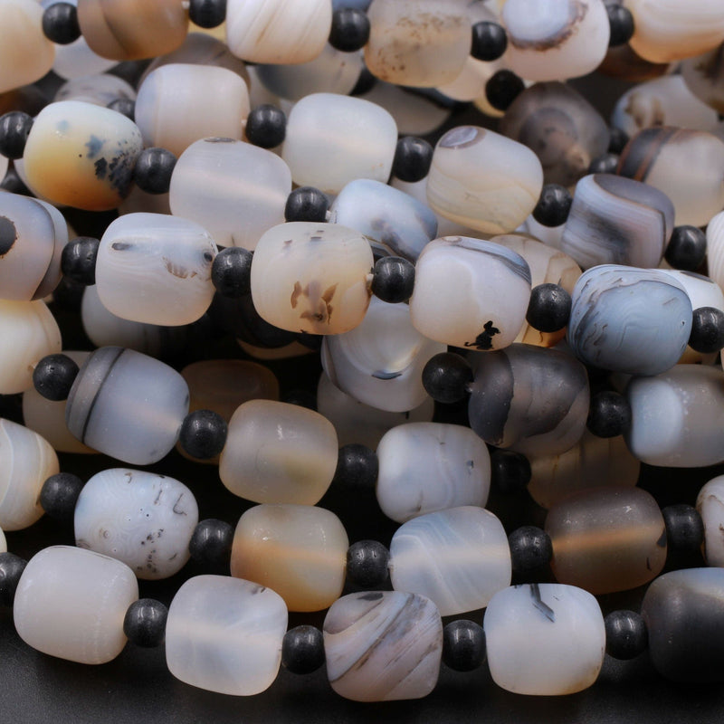 Matte Finish Natural Montana Agate Rounded Cylinder Barrel Drum Beads Amazing Scenic Pattern High Quality Black White Beads 16" Strand