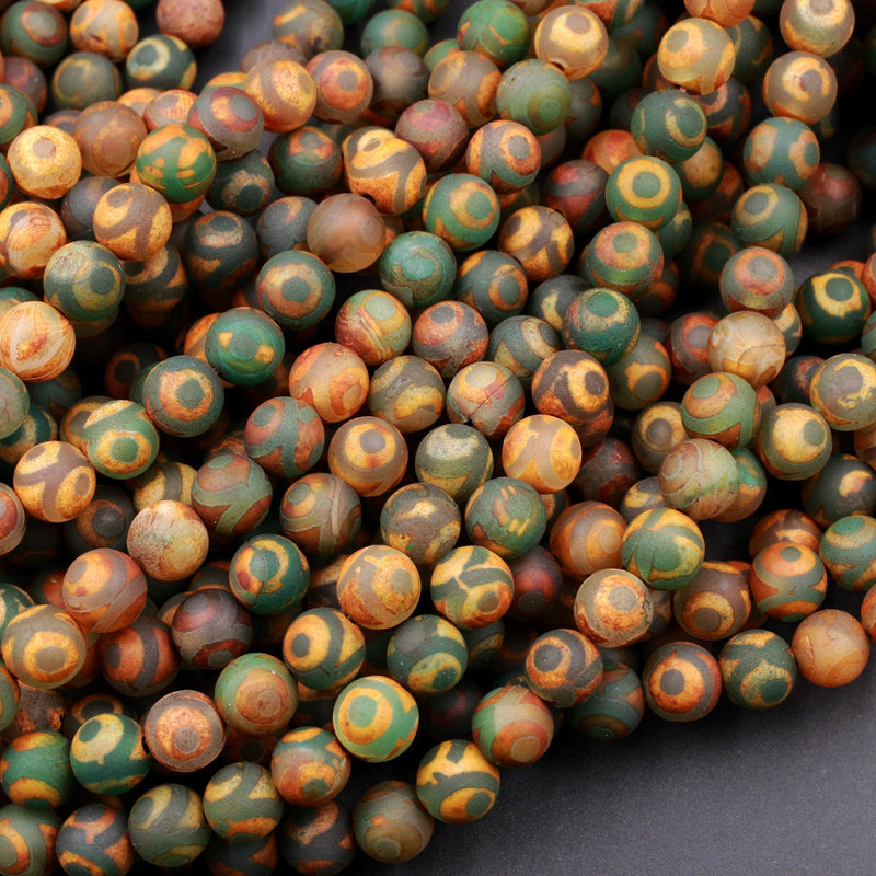 Tibetan Agate 6mm 8mm 10mm Round Beads Dzi Agate Green Brown Eye Matte Mala Antique Boho Beads 15.5" Strand