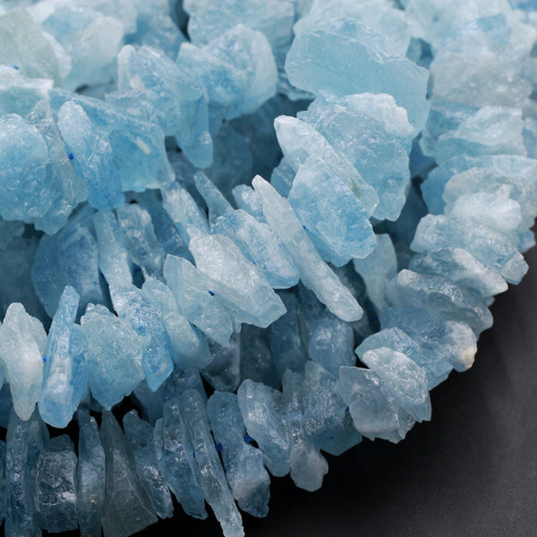 Rough Raw Natural Aquamarine Beads Freeform Center Drilled Chip Nuggets Hand Hammered Chiseled Blue Gemstone Organic Cut 15.5" Strand