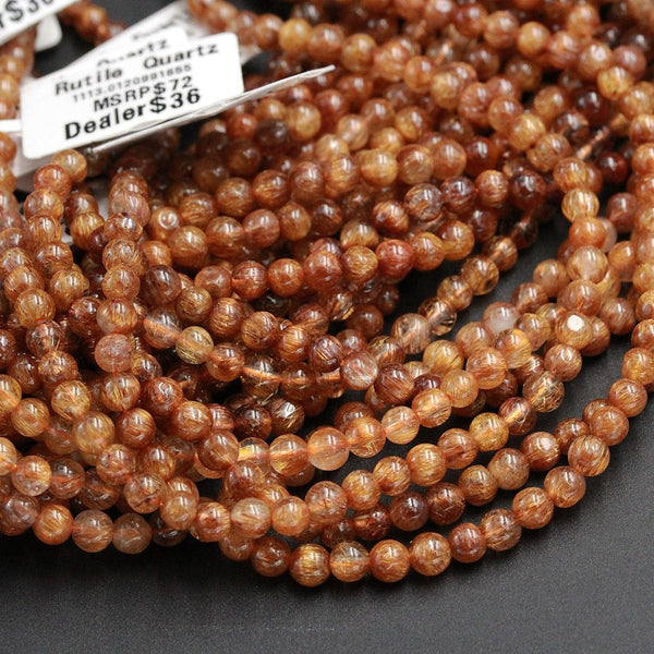 Rare Red Rutile Quartz 4mm 5mm 6mm  Round Beads Natural Golded Red Rutilated Quartz Round Beads Tons of Sharp Rutile Hair Needle 16" Strand