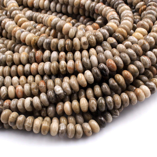 Natural Fossil Coral Rondelle 8mm Beads Earthy Brown Tan Beige Gray Beads 16" Strand