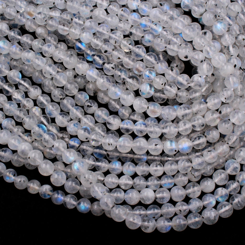 Natural Rainbow Moonstone 6mm 8mm Round Beads Blue Flashes W Black