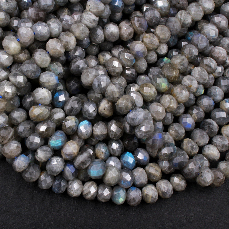 Large Chunky Flashy Natural Dark Gray Labradorite Faceted Rondelle 10mm Beads Strong Blue Rainbow Flash Beads 16" Strand