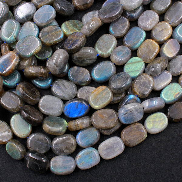 Labradorite Smooth Flat Oval Beads Natural Dark Labradorite Brilliant Blue Green Golden Flashes Fire 16" Strand