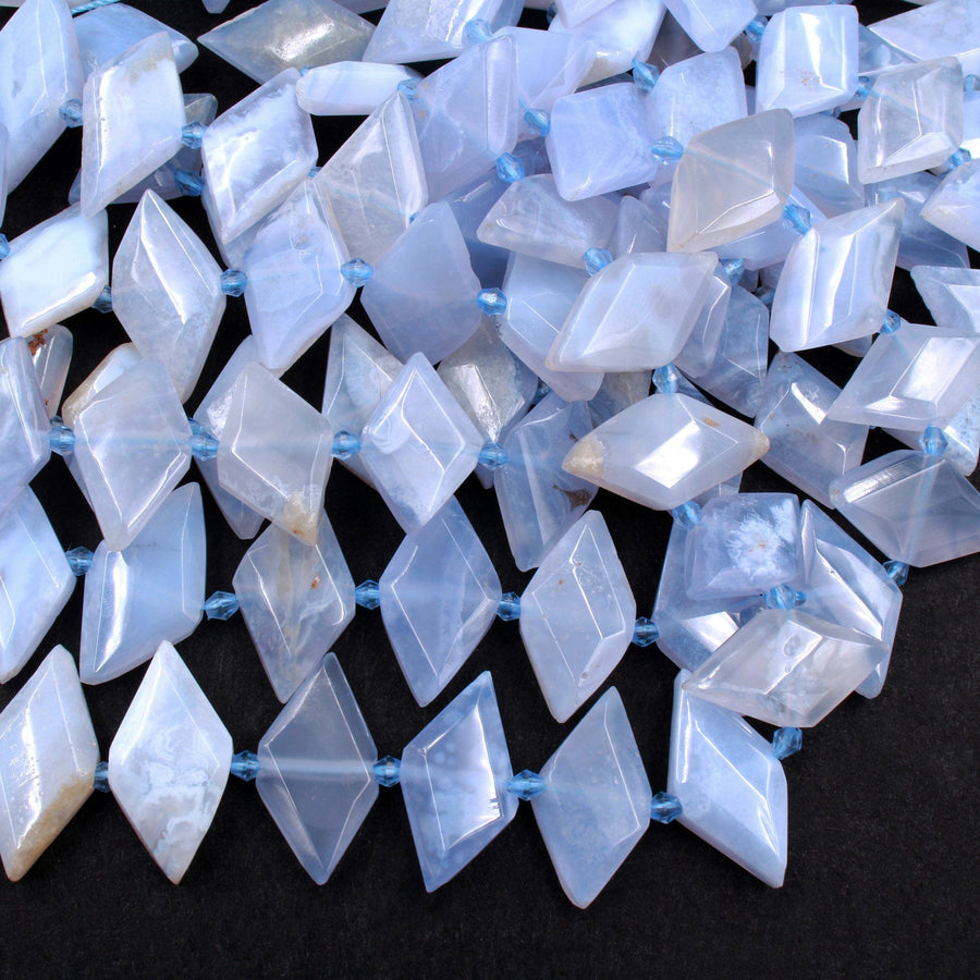 Natural Blue Chalcedony Beads Faceted Kite Marquise Horse Eye Diamond Shape Center Drilled Flat Gemstone 16" Strand