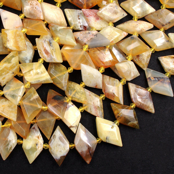 Natural African Yellow Opal Beads Faceted Kite Marquise Horse Eye Diamond Shape Center Drilled Flat Gemstone 16" Strand