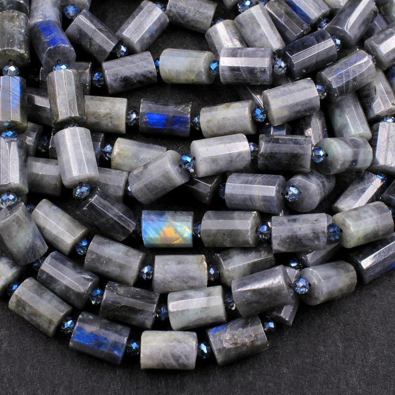 Natural Labradorite Faceted Tube Cylinder Nugget Beads Blue Flashes 15.5" Strand