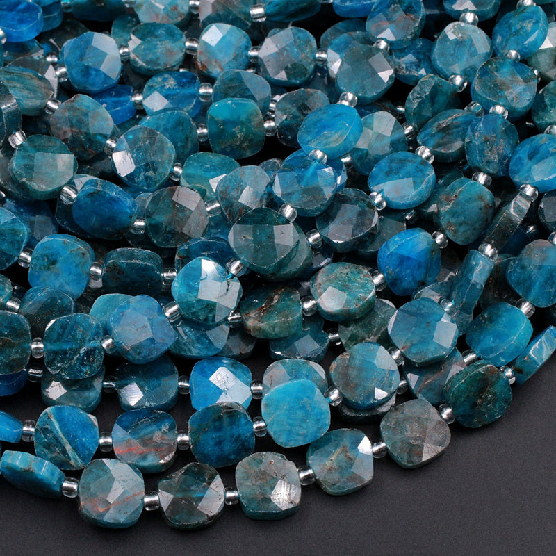 Natural Blue Apatite Faceted Square Beads 8mm 10mm Teal Blue Gemstone Cushion Pillow Beads 15.5" Strand