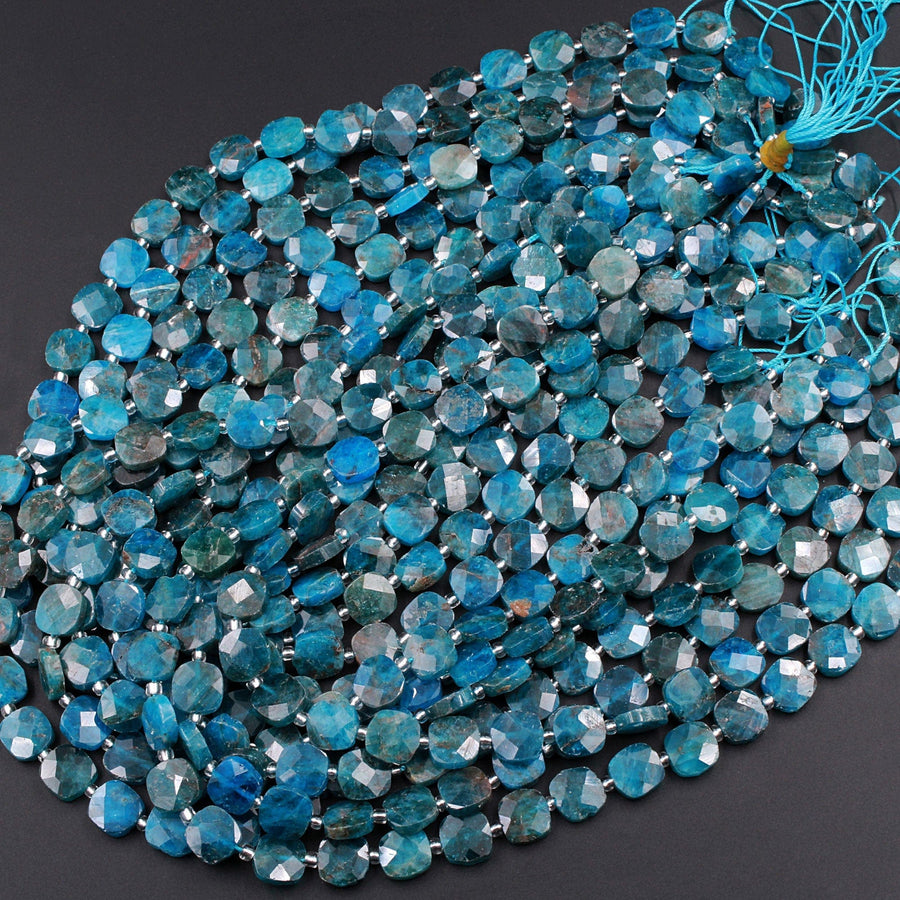 Natural Blue Apatite Faceted Square Beads 8mm 10mm Teal Blue Gemstone Cushion Pillow Beads 15.5" Strand