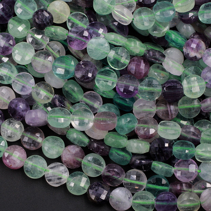 Faceted Natural Fluorite 8mm Coin Flat Disc Dazzling Facets Stunning Gemmy Green Purple Gemstone Diamond Cut Gemstone 15.5" Strand
