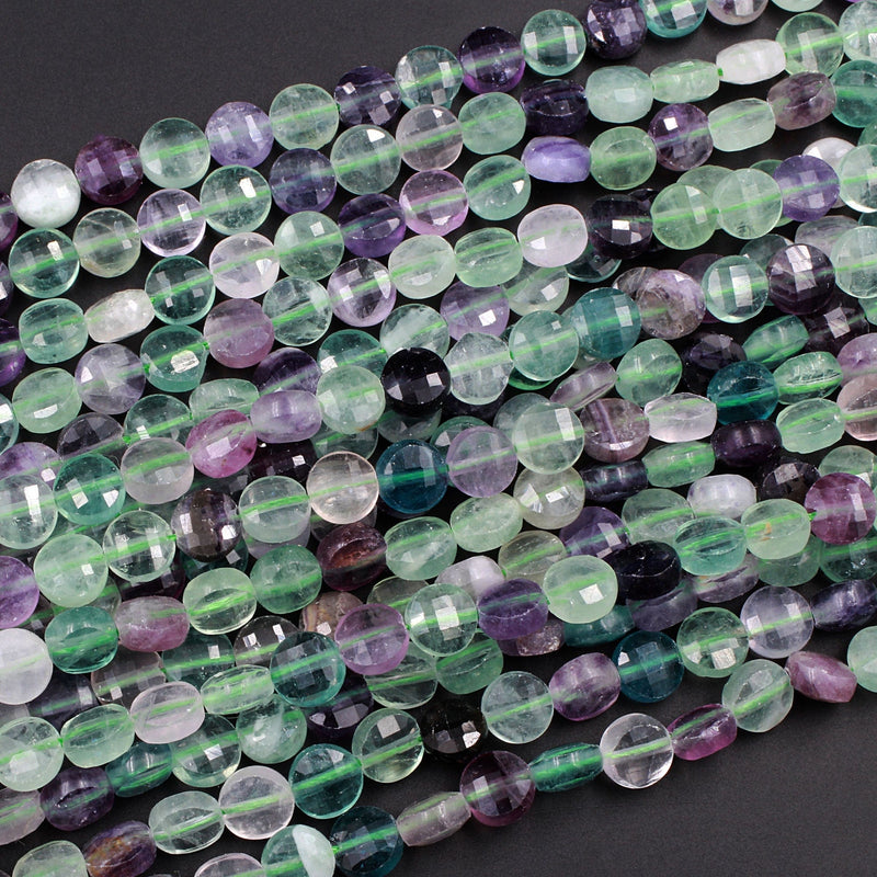 Faceted Natural Fluorite 8mm Coin Flat Disc Dazzling Facets Stunning Gemmy Green Purple Gemstone Diamond Cut Gemstone 15.5" Strand