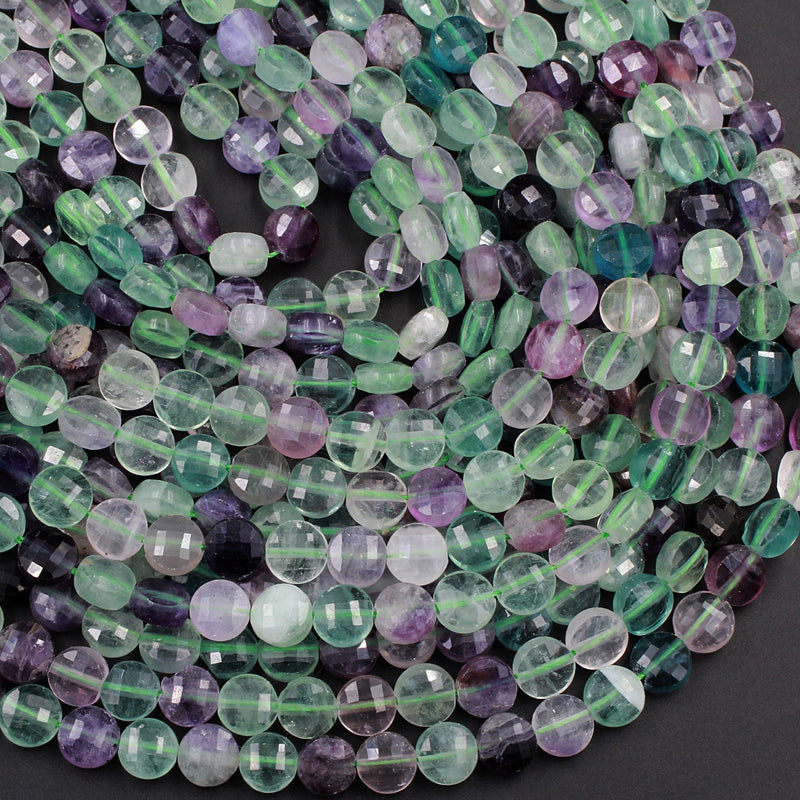 Faceted Natural Fluorite 8mm Coin Flat Disc Dazzling Facets Stunning Gemmy Green Purple Gemstone Diamond Cut Gemstone 15.5" Strand