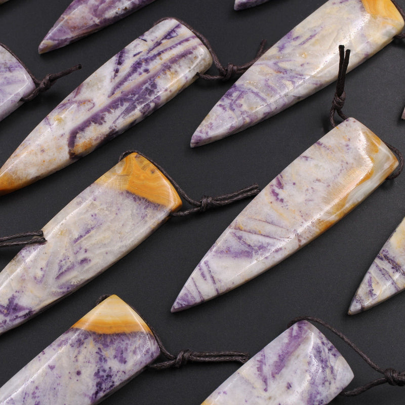 Natural Petrified Purple Fluorite Pendant Dagger Spike Natural Stone Pendant Side Drilled Long Triangle MultiColor Purple Brown Yellow