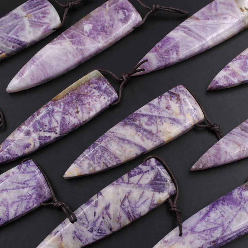 Natural Petrified Purple Fluorite Pendant Drilled Dagger Natural Stone Pendant Side Drilled Long Triangle Multi Color Purple White Green
