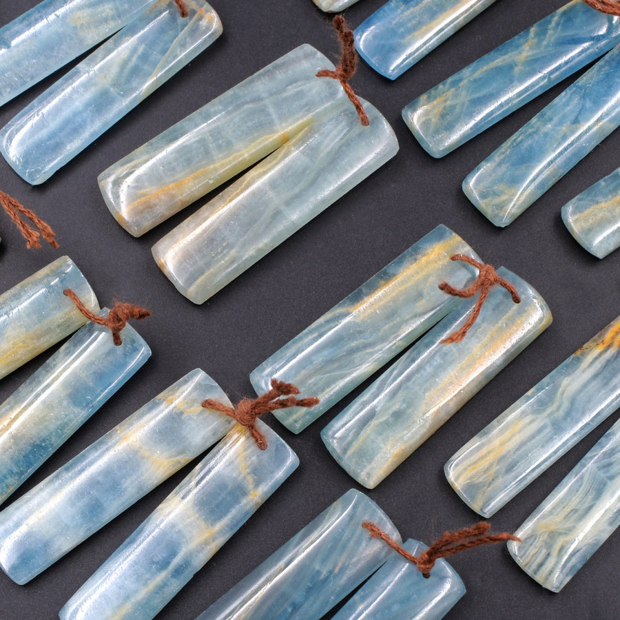Rare Natural Blue Calcite Earring Pairs Cabochon Cab Rectangle Drilled Matched Gemstone Bead Pairs