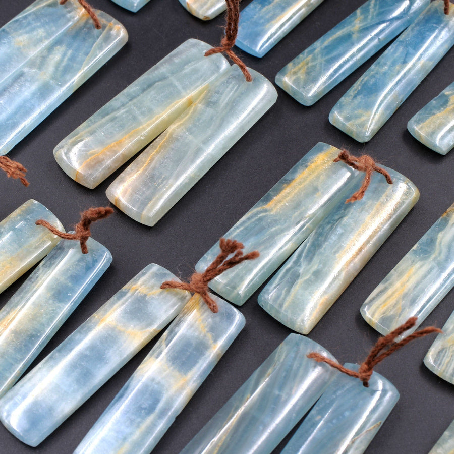Rare Natural Blue Calcite Earring Pairs Cabochon Cab Rectangle Drilled Matched Gemstone Bead Pairs