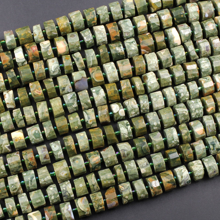 Natural Rainforest Rhyolite Jasper Faceted Rondelle Disc Geometric Beads 10mm 15.5" Strand