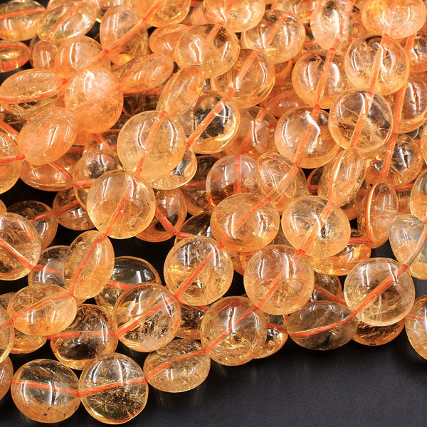 Natural Golden Citrine Coin Beads 10mm 12mm High Polish Stunning Gemstone 16" Strand