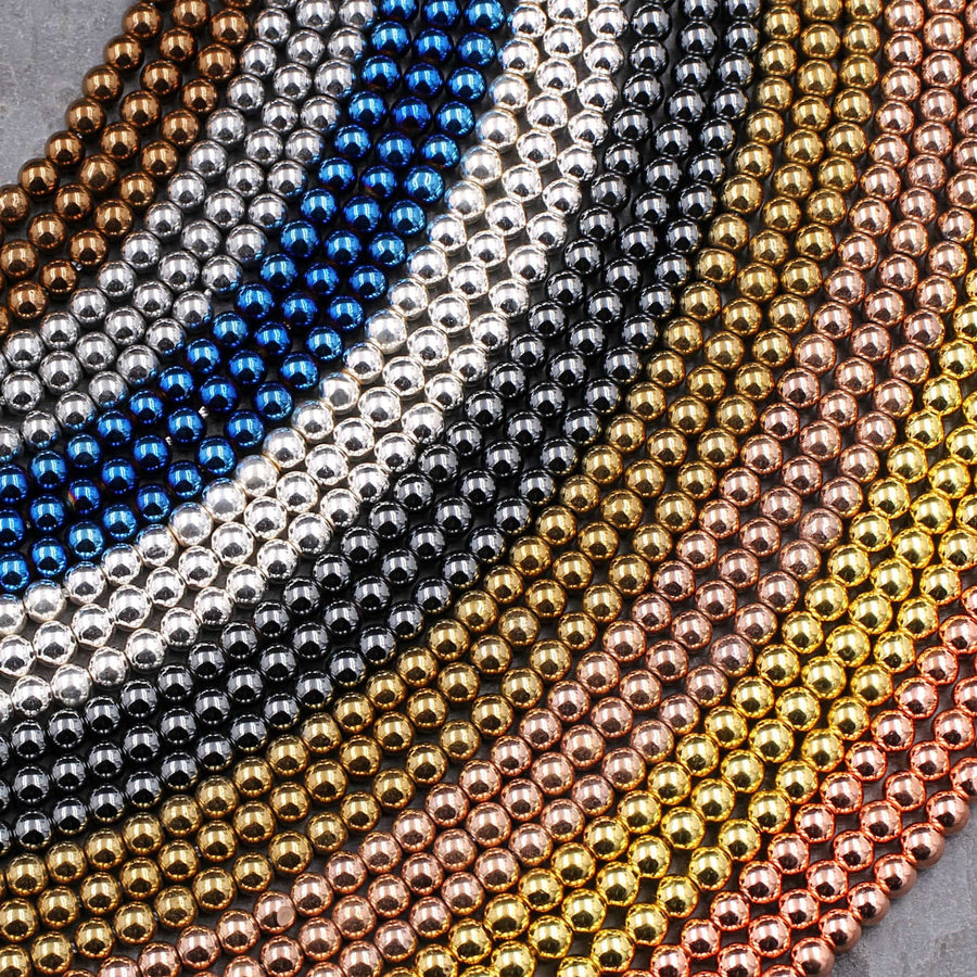 3mm 4mm Hematite Smooth Round Beads Metallic Shiny Silver Gold Blue Bronze Gunmetal Rose Gold Beads 15.5" Strand