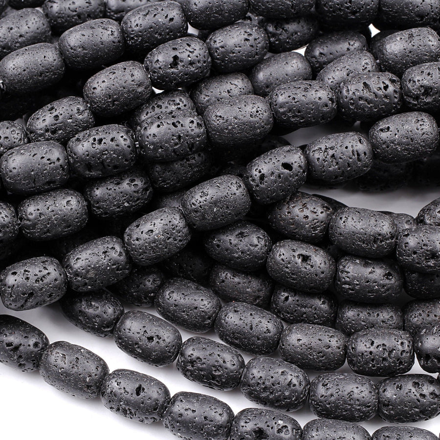 Natural Black Lava Barrel Drum Beads High Quality Essential Oil Beads 15.5" Strand