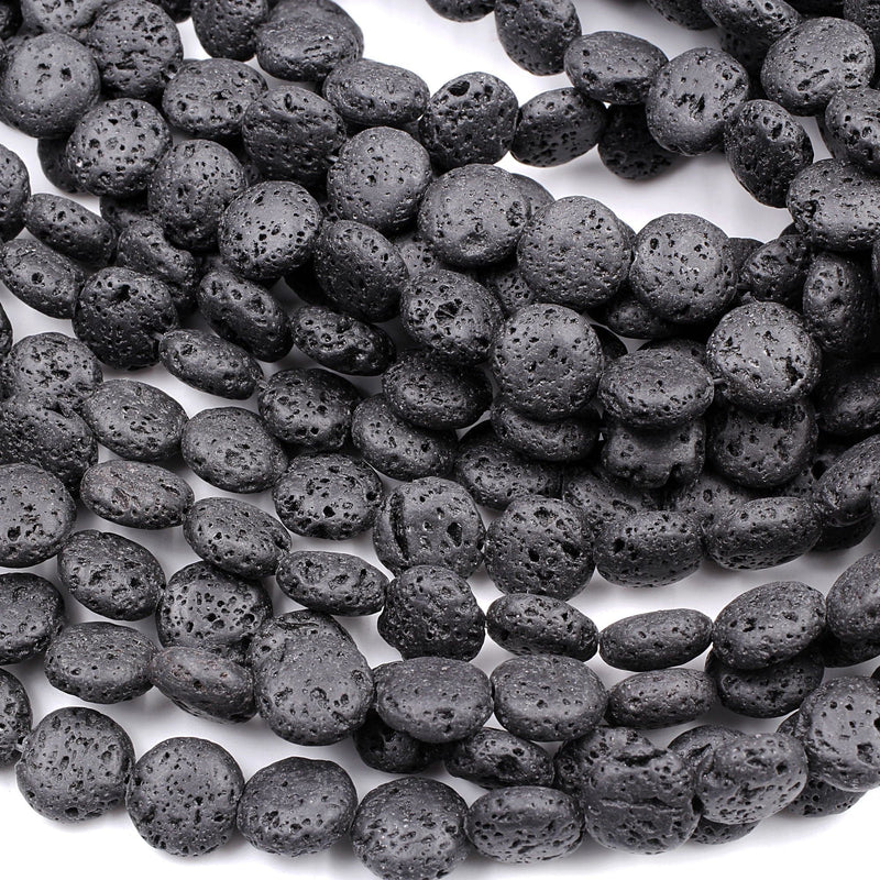 Lava Coin Beads Raw Smooth Porous Natural Volcanic Black Lava Stone High Quality Organic Essential Oil Beads 16" Strand