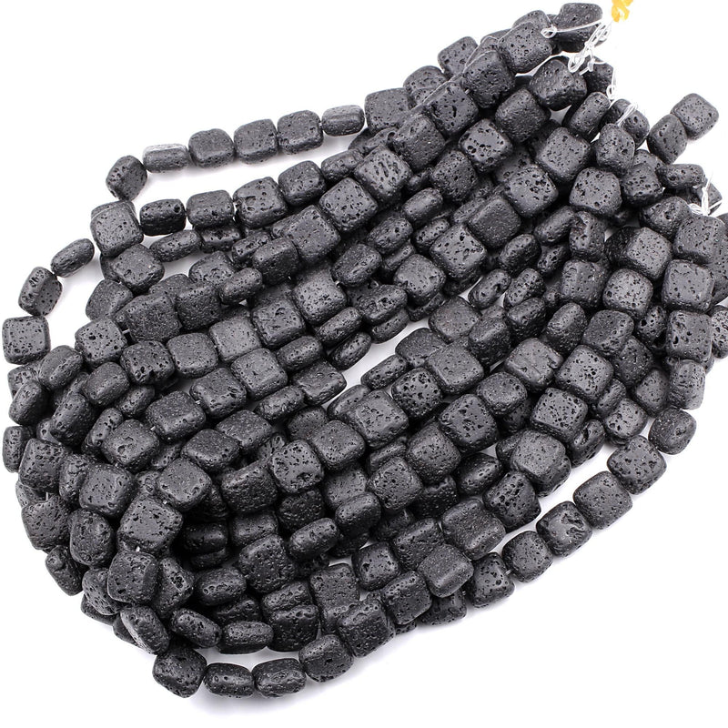 Lava Square Beads Cushion Raw Rough Porous Natural Volcanic Black Lava Stone Organic Earthy Stone 15.5" Strand