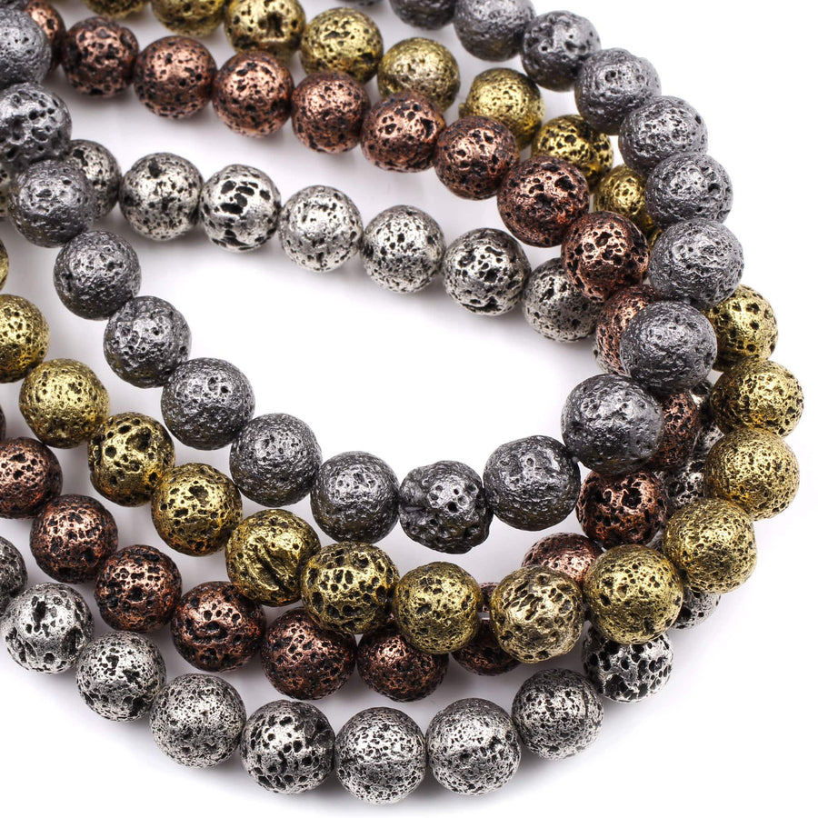 Natural Volcanic Lava Round Bead 6mm 8mm 10mm Titanium Plated Coated Antique Silver Copper Bronze Gold Black Gunmetal 15.5" Strand