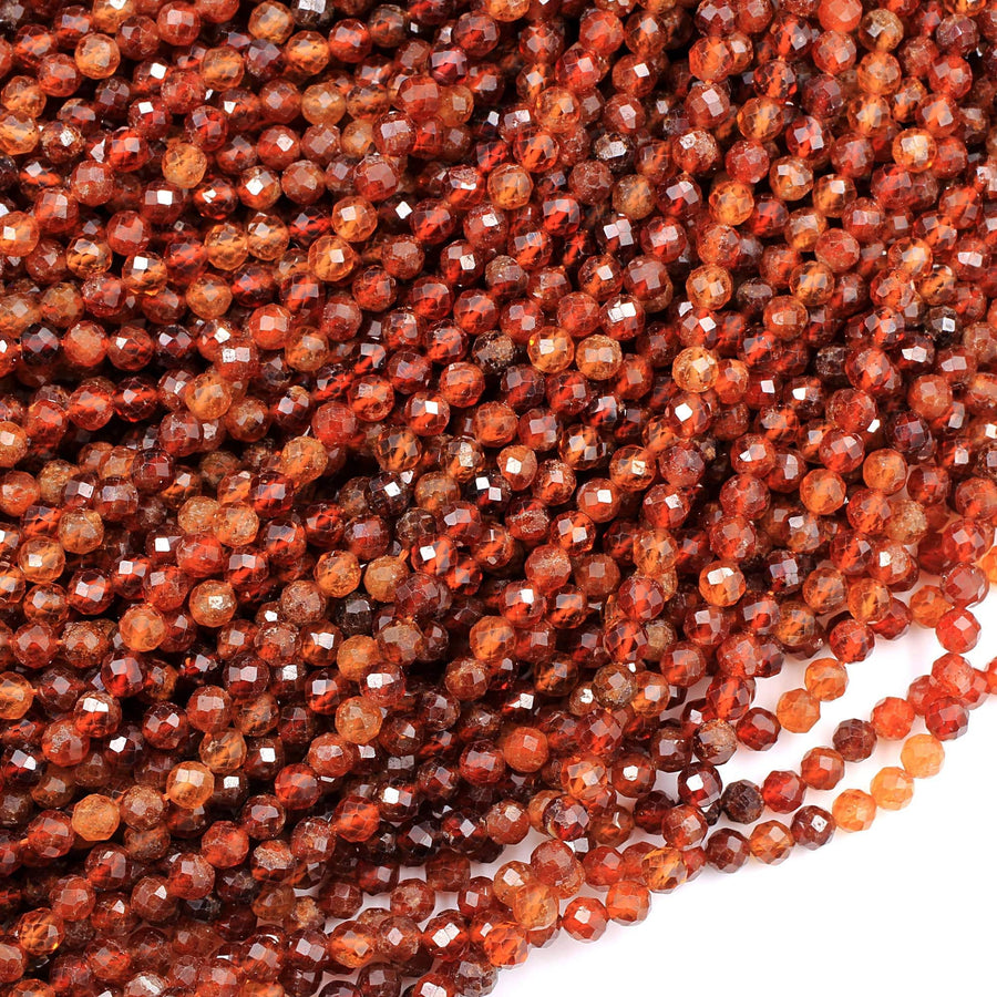 Natural Orange Hessonite Garnet Faceted 4mm 5mm 6mm Round Beads Micro Faceted Diamond Cut Gemstone 15.5" Strand