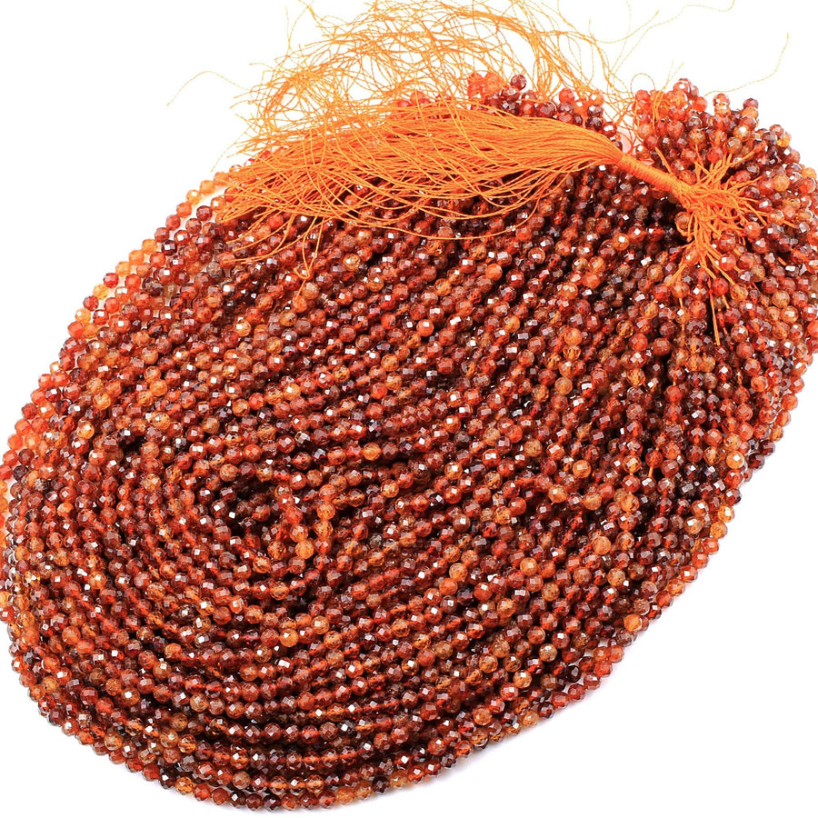 Natural Orange Hessonite Garnet Faceted 4mm 5mm 6mm Round Beads Micro Faceted Diamond Cut Gemstone 15.5" Strand
