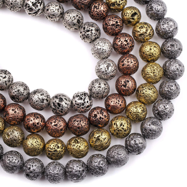 Natural Volcanic Lava Round Bead 6mm 8mm 10mm Titanium Plated Coated Antique Silver Copper Bronze Gold Black Gunmetal 15.5" Strand