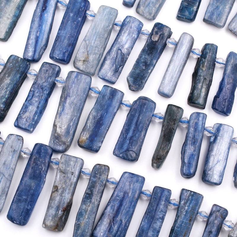 Side Drilled Raw Natural Blue Kyanite Long Rectangle Bead Focal Pendant Freeform Irregular Long Spike Gemstone Beads Rough Cut 16" Strand
