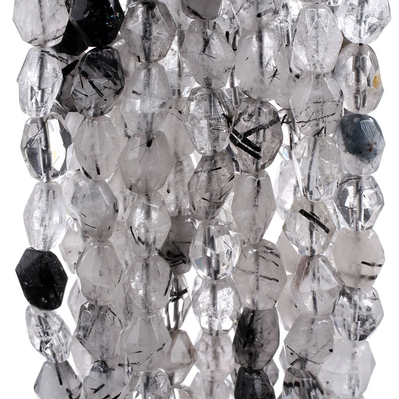 Natural Black Rutilated Quartz Beads Faceted Oval Nugget Black Tourmaline Rutile in Quartz Semi Precious Gemstone 16" Strand