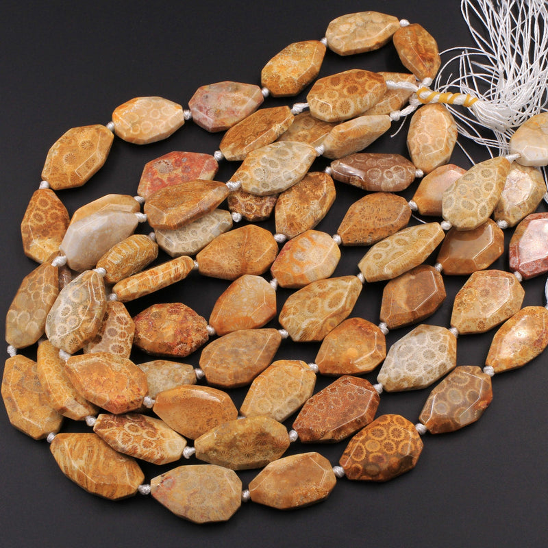 Large Faceted Natural Golden Yellow Indonesian Fossil Coral Beads Freeform Nugget Focal Pendant Beads 15.5" Strand