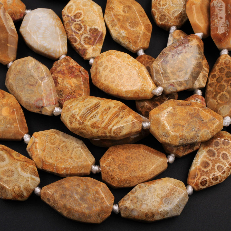 Large Faceted Natural Golden Yellow Indonesian Fossil Coral Beads Freeform Nugget Focal Pendant Beads 15.5" Strand
