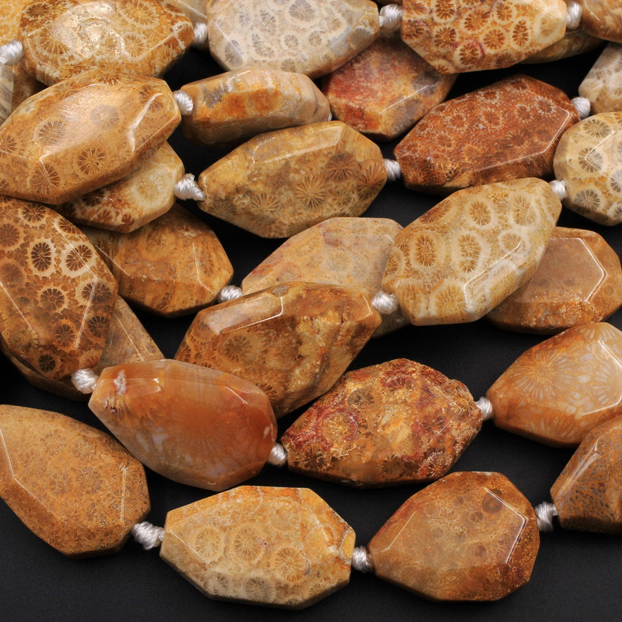 Large Faceted Natural Golden Yellow Indonesian Fossil Coral Beads Freeform Nugget Focal Pendant Beads 15.5" Strand