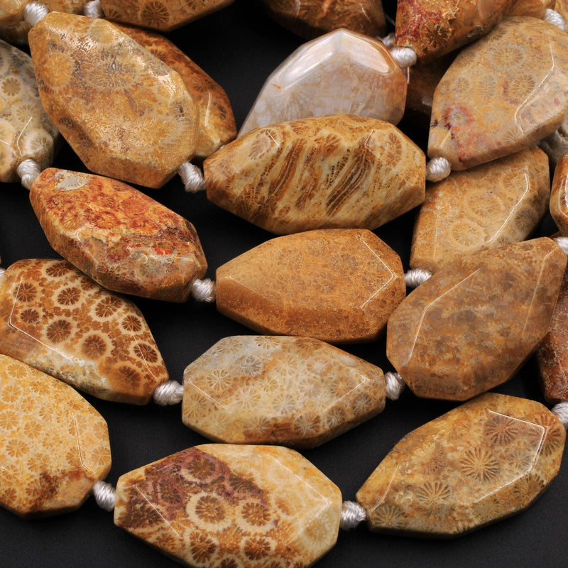 Large Faceted Natural Golden Yellow Indonesian Fossil Coral Beads Freeform Nugget Focal Pendant Beads 15.5" Strand