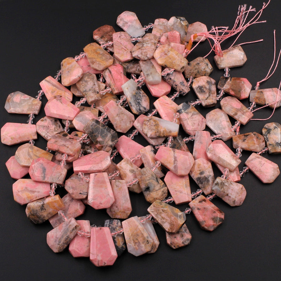 Natural Pink Rhodonite Trapezoid Tapered Teardrop Fan Shape Focal Pendant Beads Earthy Pink Interesting Black Matrix 15.5" Strand