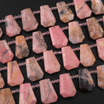 Natural Pink Rhodonite Trapezoid Tapered Teardrop Fan Shape Focal Pendant Beads Earthy Pink Interesting Black Matrix 15.5" Strand