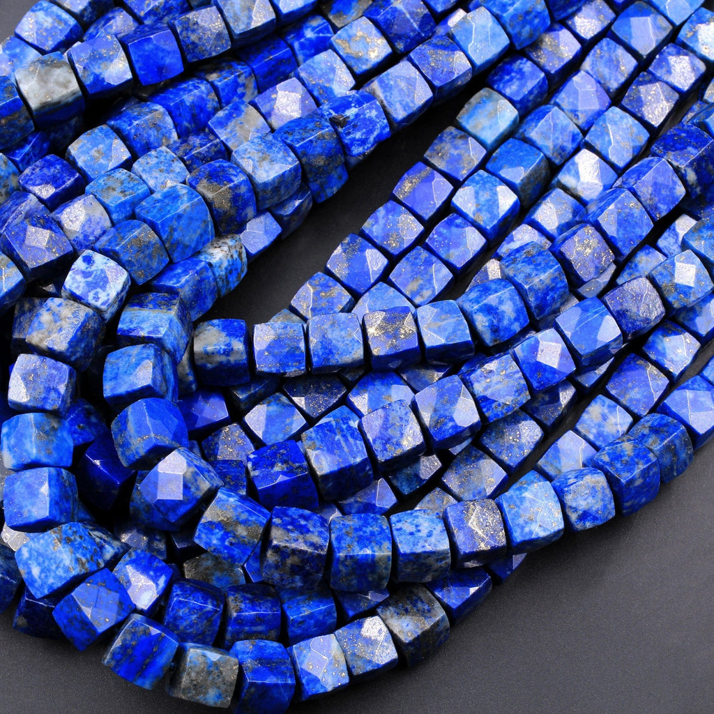 Natural Blue Lapis Faceted Square Dice Cube Beads 8mm With Sparkling Pyrite 15.5" Strand
