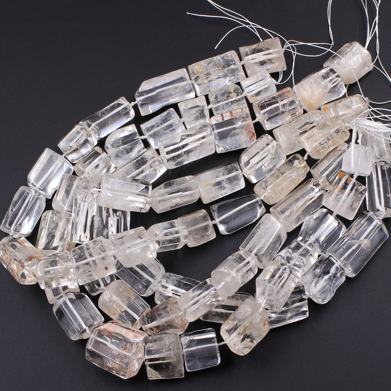 Natural Rock Crystal Quartz Beads Cylinder Large Icy Rock Crystal Faceted Tube Nugget Hand Cut Clear Raw Crystals Golden Copper 16" Strand