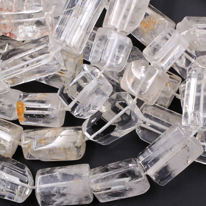 Natural Rock Crystal Quartz Beads Cylinder Large Icy Rock Crystal Faceted Tube Nugget Hand Cut Clear Raw Crystals Golden Copper 16" Strand