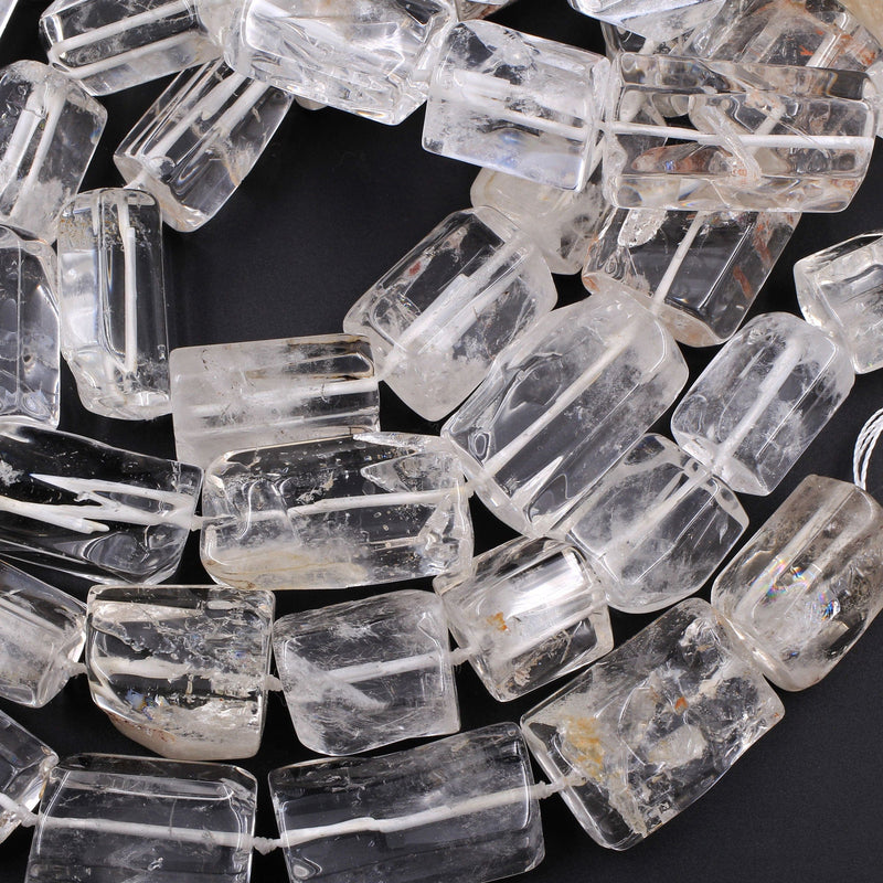Natural Rock Crystal Quartz Beads Cylinder Large Icy Rock Crystal Faceted Tube Nugget Hand Cut Clear Raw Crystals Golden Copper 16" Strand