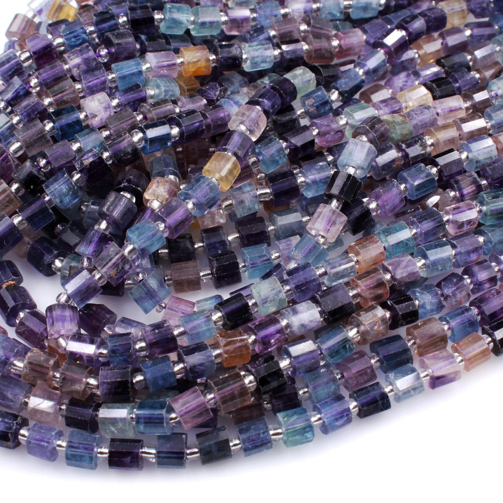 AAA Super Clear Natural Fluorite Faceted Tube Cylinder Rondelle Beads Sharp Facets Laser Diamond Cut Purple Green Blue Gemstone 16" Strand