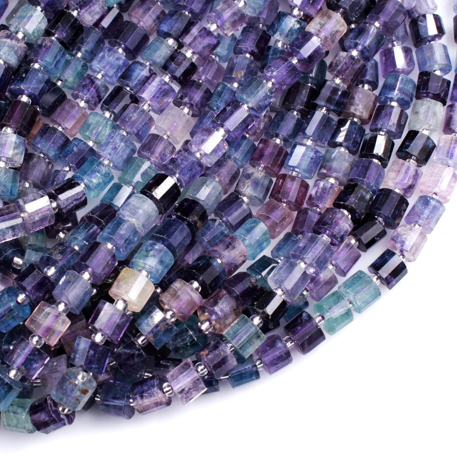 AAA Super Clear Natural Fluorite Faceted Tube Cylinder Rondelle Beads 7mm 8mm Sharp Facets Diamond Cut Purple Green Blue Gemstone 16" Strand